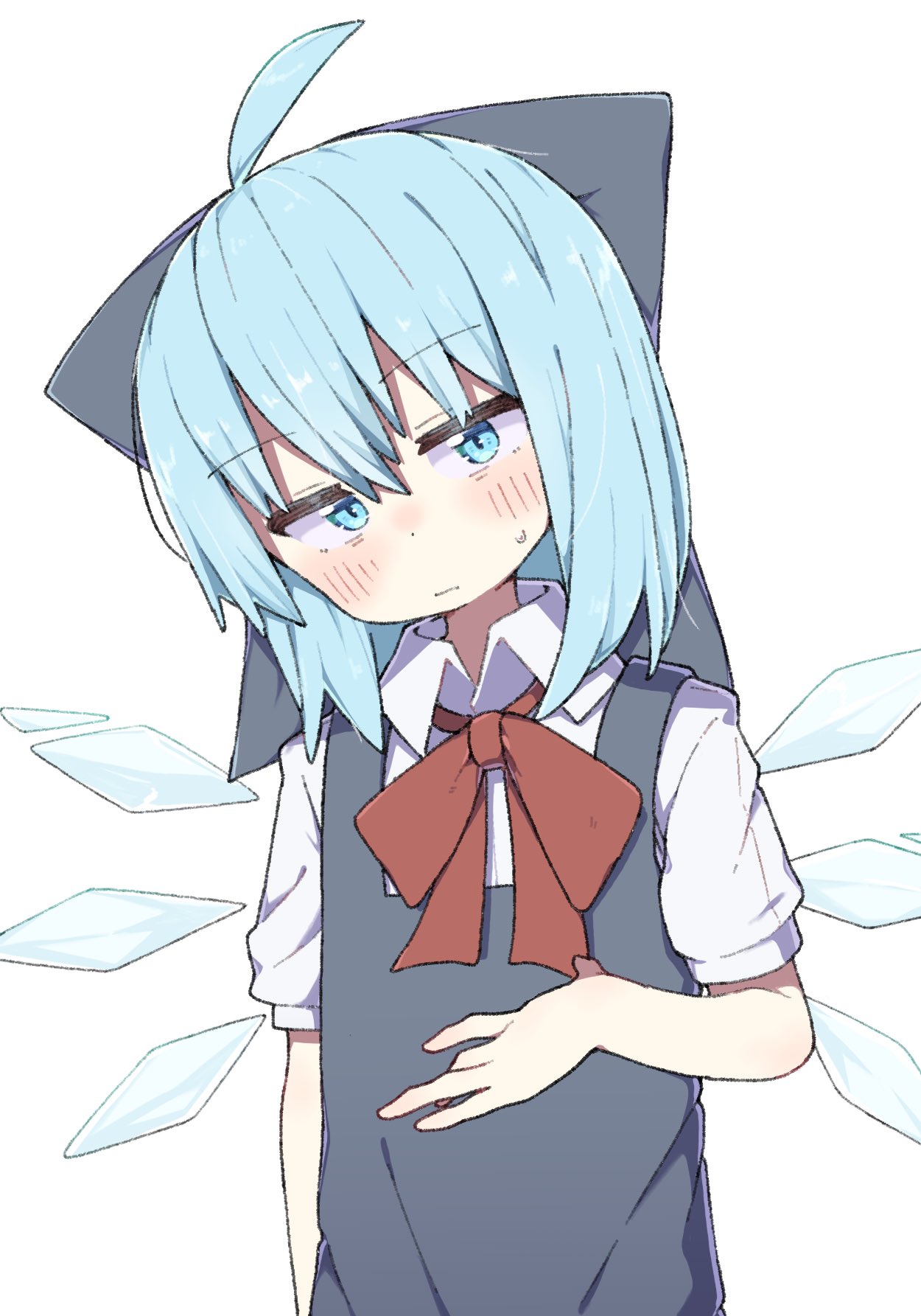 1girl ahoge blue_bow blue_dress blue_eyes blue_hair blush bow bowtie cirno collared_shirt commentary_request detached_wings dot_nose dress expressionless fairy_wings hair_bow hand_on_own_stomach highres ice ice_wings kae_karee looking_at_viewer medium_hair pinafore_dress red_bow red_bowtie shirt simple_background sleeveless sleeveless_dress solo sweatdrop touhou white_background white_shirt wings