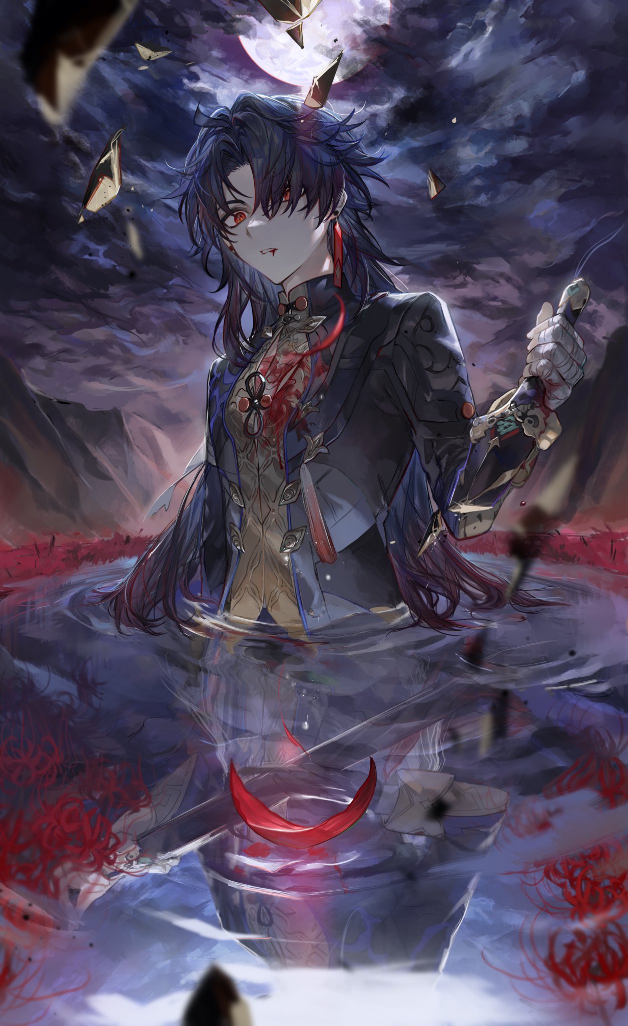 1boy bandaged_hand bandages black_coat black_gloves black_ribbon black_sky blade blade_(honkai:_star_rail) blood blood_from_mouth blood_on_bandages blue_hair cloud cloudy_sky coat dark_blue_hair earrings flower gloves gradient_hair hair_over_one_eye hand_up hands_up highres holding holding_sword holding_weapon honkai:_star_rail honkai_(series) jewelry lake long_hair long_sleeves looking_at_viewer male_focus mandarin_collar moon mountain multicolored_hair night night_sky outdoors petals purple_hair red_eyes red_flower reflection ribbon single_earring sky solo standing sword tassel teeth water weapon zaso