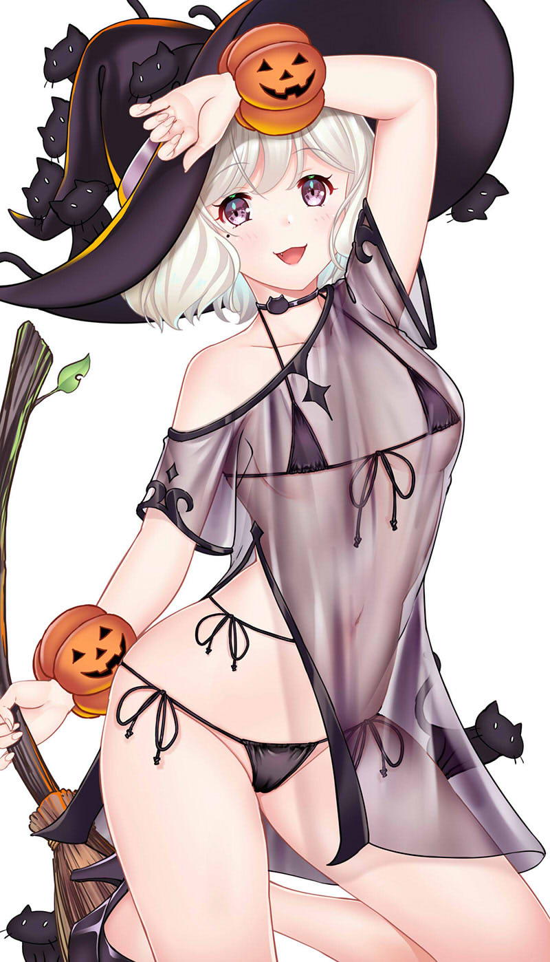 1girl :3 animal_on_head arm_up bikini black_bikini black_choker black_dress black_footwear black_headwear blonde_hair blue_eyes bob_cut breasts broom cat choker commentary dress fang halloween halterneck hat hataraki_kuma high_heels highres holding holding_broom leg_up micro_bikini microdress mole mole_under_eye off_shoulder on_head open_mouth orange_scrunchie original scrunchie see-through see-through_dress short_hair side-tie_bikini_bottom side_slit simple_background small_breasts smile standing standing_on_one_leg swimsuit white_background white_hair witch_hat wrist_scrunchie