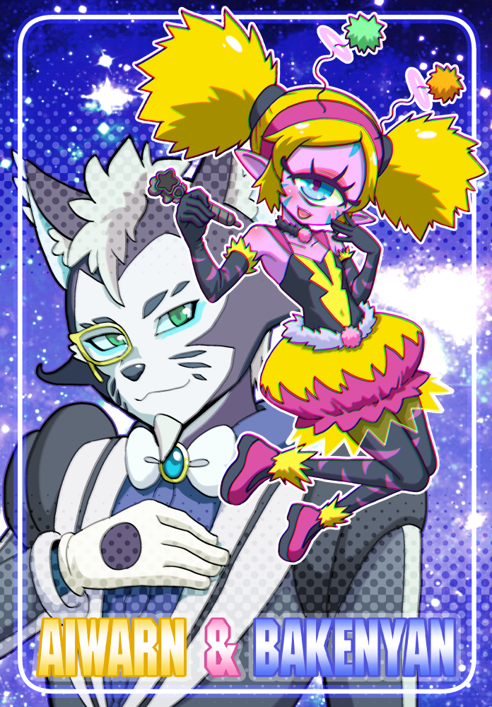 1_eye aiwarn alien bakenyan black_body black_fur blonde_hair blue_eyes clothed clothing domestic_cat duo eyewear felid feline felis female fur gloves green_eyes hair handwear humanoid humanoid_pointy_ears male mammal monocle pretty_cure purple_body shake-o star_twinkle_pretty_cure white_body white_fur white_hair