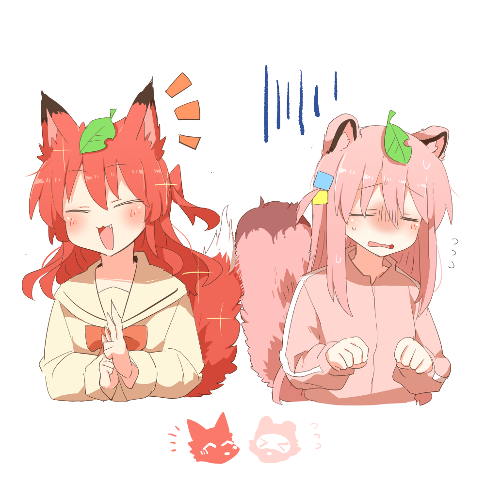 2girls :3 :d ^_^ animal_ear_fluff animal_ears blush bocchi_the_rock! bow bowtie brown_sailor_collar brown_shirt closed_eyes commentary_request cube_hair_ornament embarrassed fang flying_sweatdrops fox_ears fox_girl fox_tail gotou_hitori hair_between_eyes hair_ornament hands_up jacket kita_ikuyo leaf leaf_on_head long_hair long_sleeves multiple_girls notice_lines one_side_up open_mouth paw_pose pink_jacket raccoon_ears raccoon_girl raccoon_tail raised_eyebrows rebecca_(keinelove) red_bow red_bowtie red_hair sailor_collar school_uniform shirt shuka_high_school_uniform sidelocks simple_background smile sweatdrop tail track_jacket wavy_mouth white_background