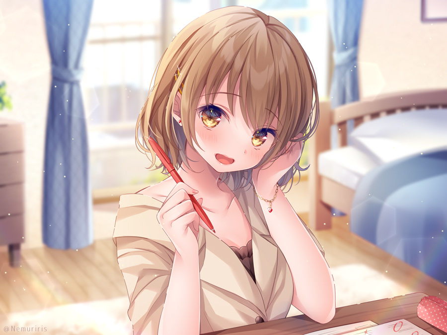 1girl :d bed black_shirt blurry blurry_background blush brown_eyes brown_hair brown_jacket collarbone commentary_request curtains depth_of_field earrings hair_between_eyes hair_ornament hairclip hands_up holding holding_pencil indoors jacket jewelry looking_at_viewer nemuri_nemu original pencil pencil_case shirt short_sleeves smile solo stud_earrings test window