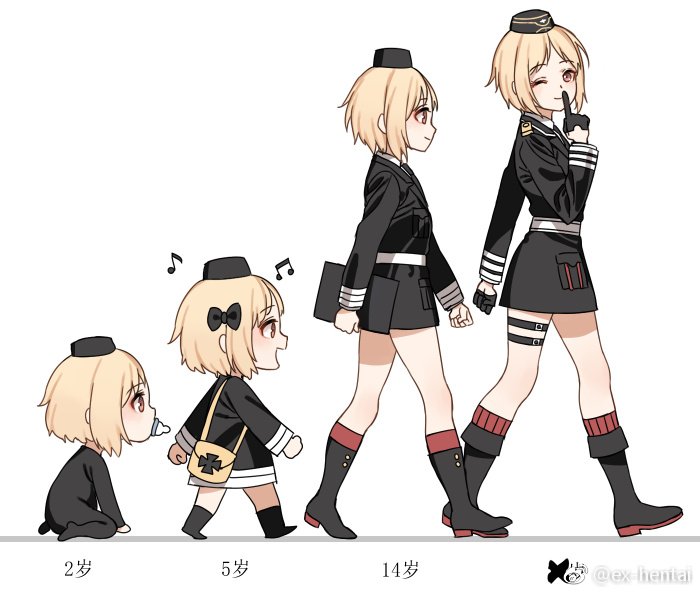1girl :d age_progression baby black_bow black_headwear black_jacket black_necktie blonde_hair boots bow brown_eyes censored_text clenched_hands closed_mouth commentary_request cross finger_to_mouth from_side full_body garrison_cap girls'_frontline gloves haijin hair_bow half_gloves hat holding holding_tablet_pc iron_cross jacket kneeling korean_commentary looking_at_viewer looking_to_the_side mp40_(girls'_frontline) musical_note necktie one_eye_closed open_mouth pacifier profile red_socks short_hair simple_background smile socks tablet_pc third-party_source walking weibo_logo weibo_username white_background yellow_bag
