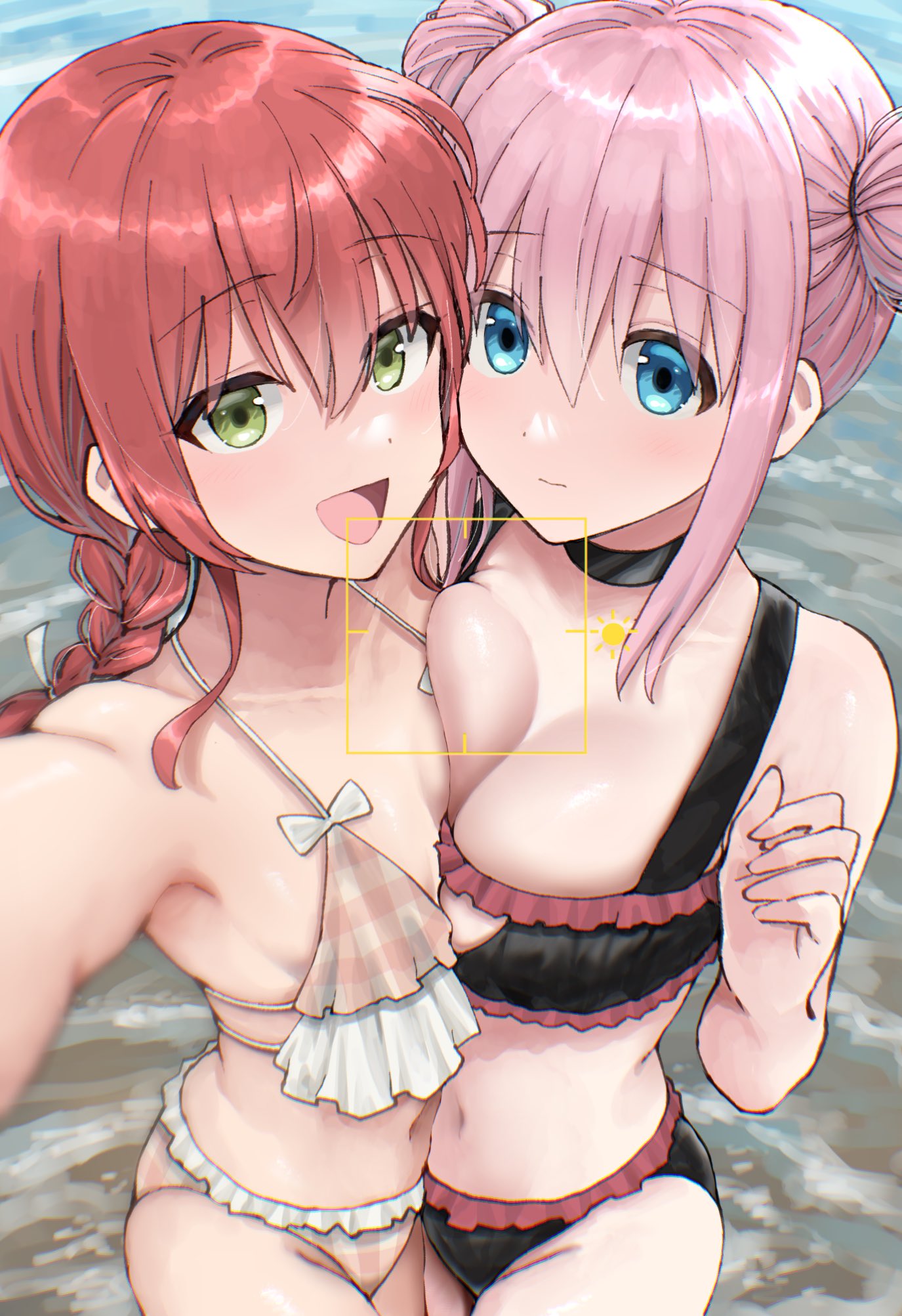 2girls :d asymmetrical_docking bikini black_bikini blue_eyes bocchi_the_rock! braid breast_press breasts closed_mouth double_bun expressionless frilled_bikini frills gotou_hitori green_eyes hair_bun highres kita_ikuyo large_breasts multiple_girls open_mouth pink_hair plaid plaid_bikini red_hair selfie small_breasts smile swimsuit tsukumo_momo viewfinder water