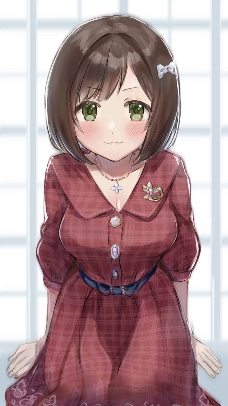 1girl :3 blush bow breasts brooch brown_hair dress hair_bow highres idolmaster idolmaster_cinderella_girls idolmaster_cinderella_girls_starlight_stage jewelry large_breasts maekawa_miku necklace plaid plaid_dress red_dress toririririre