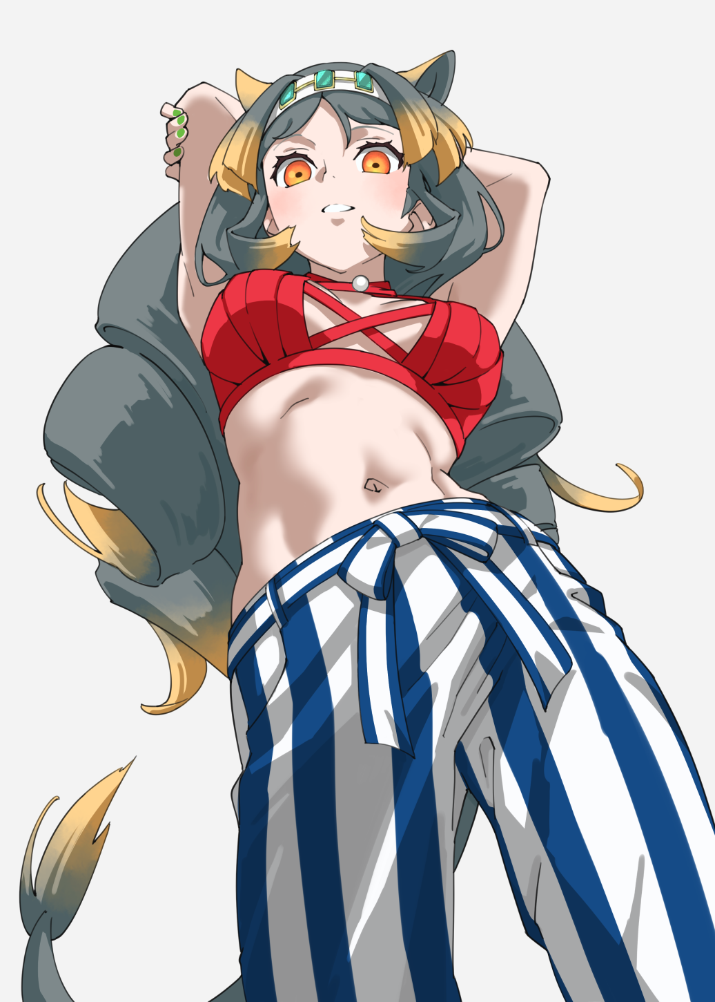 1girl alternate_costume animal_ears arms_behind_head blonde_hair blue_pants colored_tips commentary cowboy_shot crop_top drill_hair from_below fur-tipped_tail green_nails grey_hair grin halter_shirt halterneck highres hippopotamus_ears hippopotamus_gorgops_(kemono_friends) kemono_friends long_hair looking_at_viewer looking_down midriff multicolored_hair nail_polish navel orange_eyes pants red_shirt shirt simple_background smile solo striped striped_pants tail tanabe_(fueisei) two-tone_pants vertical-striped_pants vertical_stripes very_long_hair white_background white_pants
