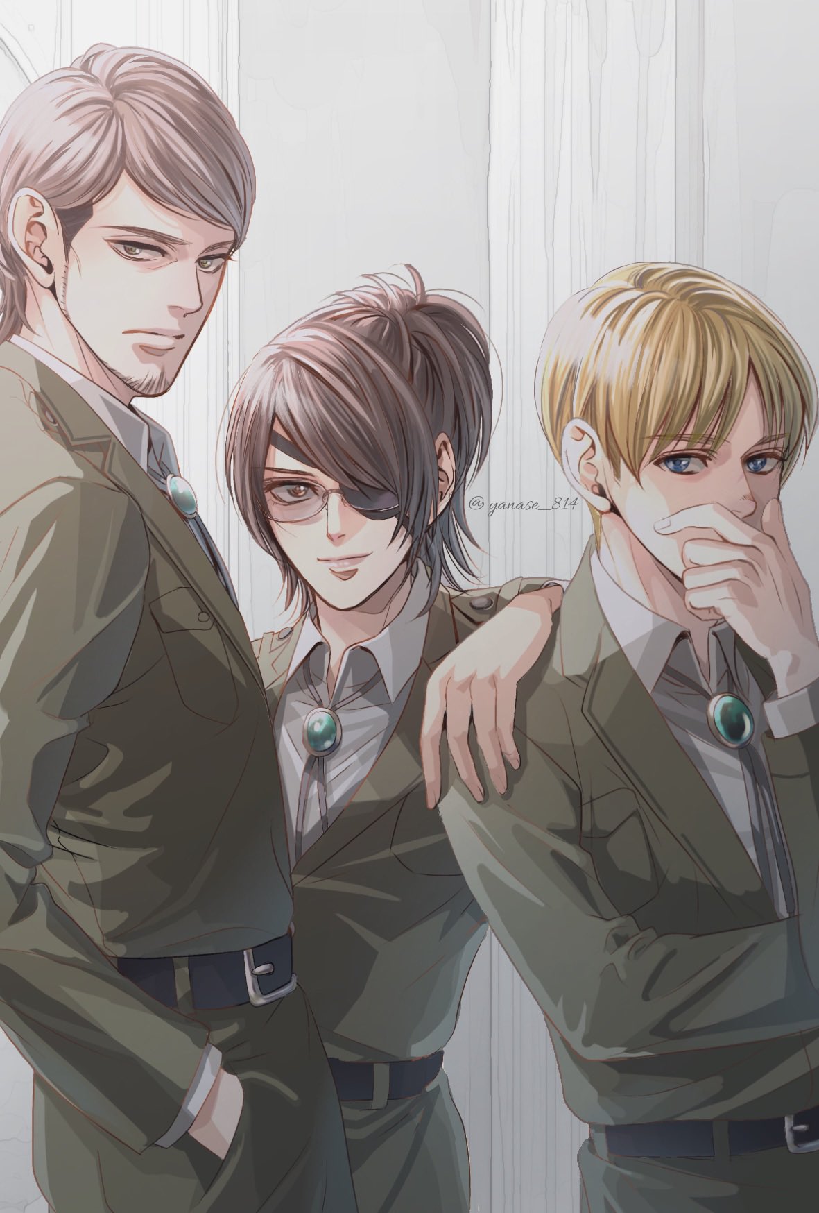 1other 2boys aged_up armin_arlert brown_eyes brown_hair covering_mouth cowboy_shot glasses goatee_stubble hand_on_another's_shoulder hange_zoe highres jean_kirchstein long_sideburns looking_at_viewer looking_to_the_side multiple_boys paradis_military_uniform pillar ponytail sanpaku shingeki_no_kyojin short_hair sideburns smile tsurime yanase_814