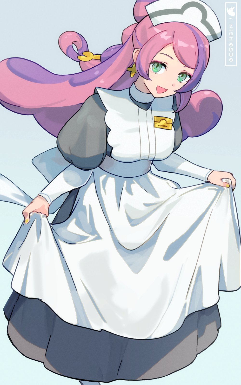 1girl apron breasts dress earrings green_eyes hat highres hsin jewelry long_hair long_sleeves looking_at_viewer miriam_(pokemon) multicolored_hair nurse nurse_cap off_shoulder open_mouth pink_hair pokemon pokemon_(game) pokemon_sv purple_hair smile solo streaked_hair