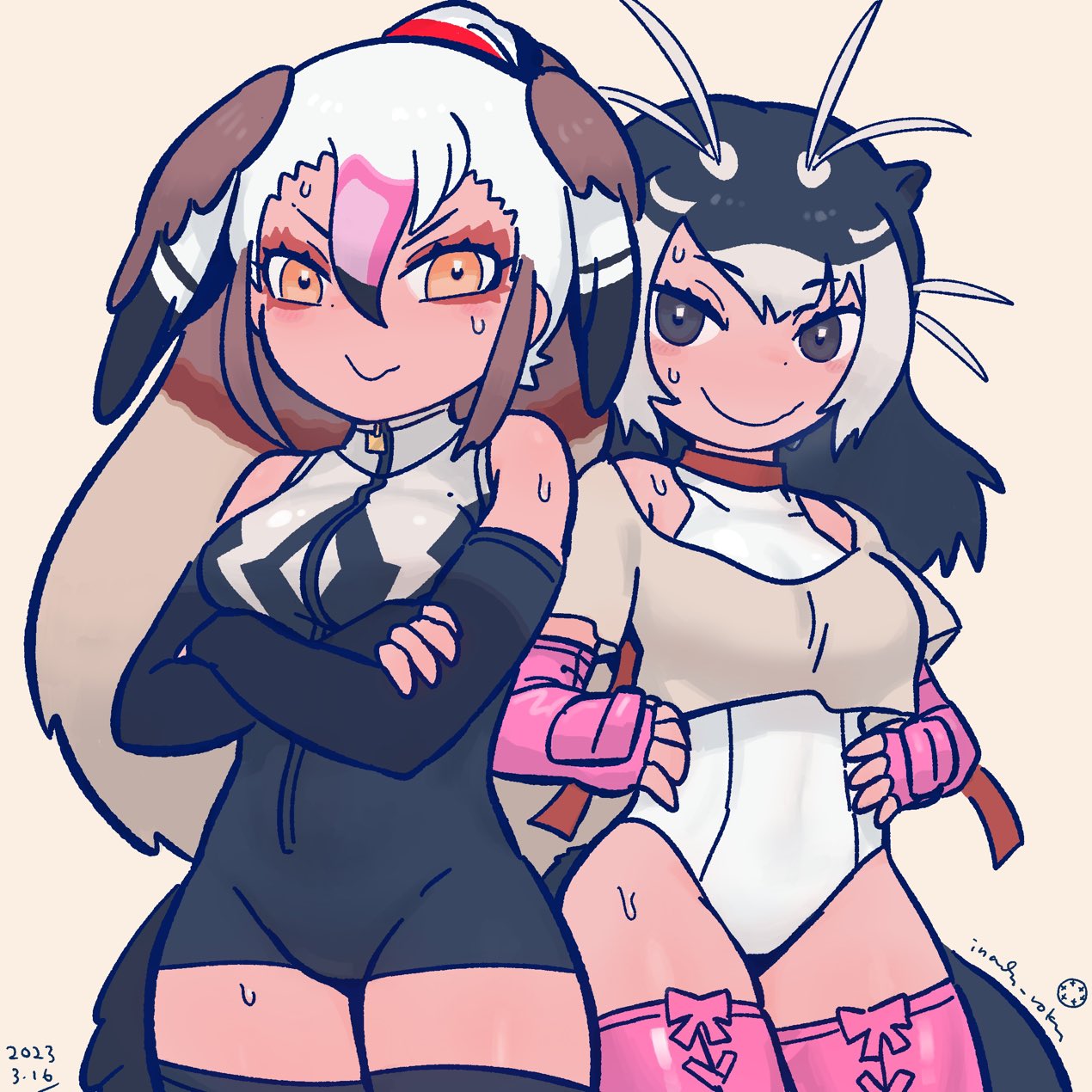 2girls animal_ears antenna_hair artist_name bare_shoulders bird_girl bird_tail bird_wings black_eyes black_hair brown_hair closed_mouth cosplay costume_switch cowboy_shot cropped_shirt crossed_arms egyptian_goose_(kemono_friends) elbow_gloves eyelashes fingerless_gloves giant_otter_(kemono_friends) giant_otter_(kemono_friends)_(cosplay) gloves grey_hair hair_between_eyes head_wings high_ponytail highres inada_roku kemono_friends leotard leotard_under_clothes light_blush long_hair looking_at_viewer makeup multicolored_hair multiple_girls one-piece_swimsuit orange_eyes otter_ears otter_girl otter_tail pink_hair shirt short_sleeves side-by-side simple_background smile sweat swimsuit tail tan thighhighs turtleneck turtleneck_swimsuit two-tone_hair very_long_hair wavy_mouth white_hair wings zipper zipper_pull_tab