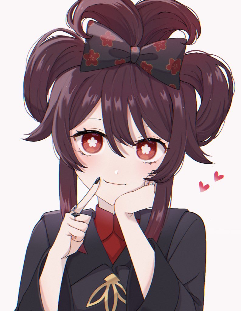1girl black_bow black_coat black_nails borrowed_hairstyle bow bright_pupils brown_hair cinnamiku closed_mouth coat floral_print flower-shaped_pupils genshin_impact hair_between_eyes hair_bow hair_rings hands_on_own_face heart hu_tao_(genshin_impact) index_finger_raised long_sleeves looking_at_viewer marodayo_33 orange_eyes print_bow simple_background solo symbol-shaped_pupils upper_body white_background white_pupils