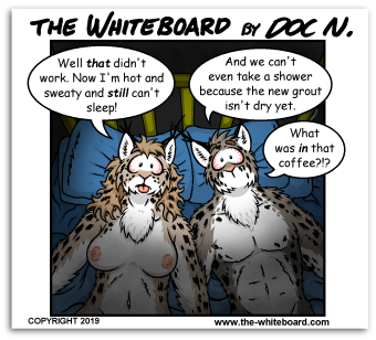 anthro bed bobcat breasts canadian_lynx doc_nickel duo felid feline female fur furniture hair low_res lynx male male/female mammal markings nipples nude on_bed shoey_(the_whiteboard) speech_bubble spots spotted_markings tawny_(the_whiteboard) text the_whiteboard tongue webcomic webcomic_character