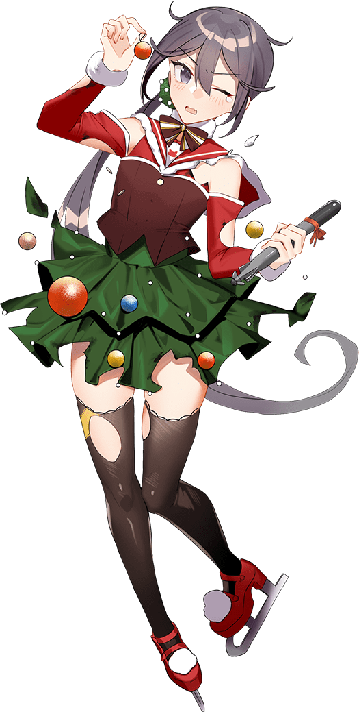1girl akebono_(kancolle) black_thighhighs bow bowtie christmas christmas_ornaments christmas_wreath damaged dress fang full_body green_skirt kantai_collection long_hair looking_at_viewer official_art one_eye_closed open_mouth red_dress ribbon side_ponytail skate skin_fang skirt solo tears thighhighs third-party_source torn_clothes torn_thighhighs torpedo transparent_background very_long_hair wreath