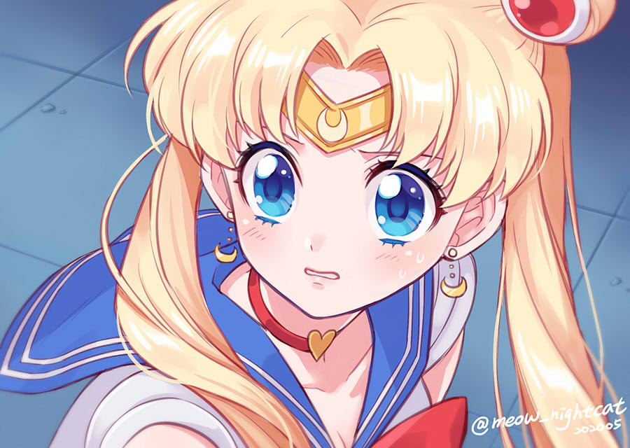 1girl bishoujo_senshi_sailor_moon blonde_hair blue_eyes blue_sailor_collar blush bow choker earrings hair_bun jewelry long_hair magical_girl meme nightcat red_choker sailor_collar sailor_moon sailor_moon_redraw_challenge_(meme) sailor_senshi_uniform solo teeth tsukino_usagi twintails