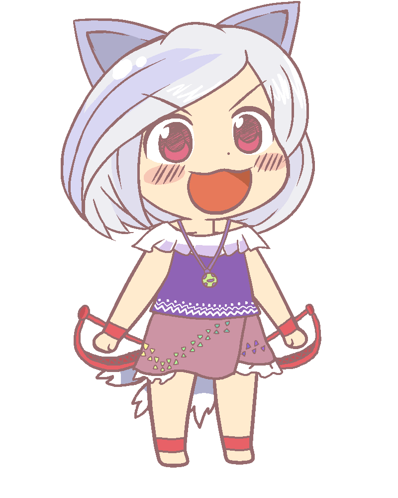 1girl animal_ears anonymous_(japanese) blush brown_skirt dog_ears dog_tail foothold_trap full_body grey_hair gyate_gyate jaggy_lines mitsugashira_enoko multiple_tails open_mouth purple_shirt red_eyes shirt short_hair short_sleeves skirt smile solo tail touhou transparent_background unfinished_dream_of_all_living_ghost