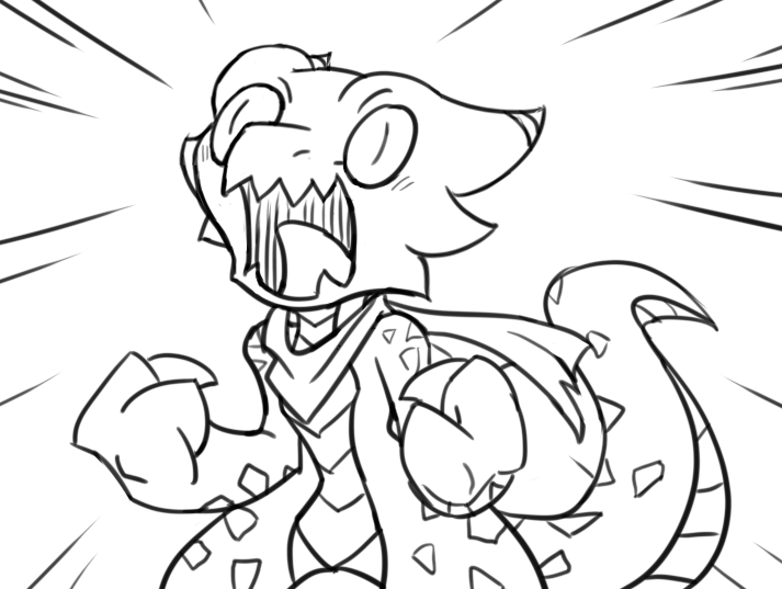 anthro claws coal_(rakkuguy) ear_piercing ear_ring female fist kobold monochrome narrowed_eyes piercing rakkuguy ring_piercing scales scalie scarf screaming simple_background solo standing tongue white_background