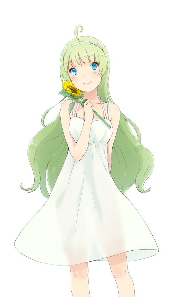 1girl ahoge aqua_eyes arm_behind_back bare_arms blunt_bangs bow camisole closed_mouth commentary_request cowboy_shot dress eyelashes flower green_hair hair_bow hairband holding holding_flower idolmaster idolmaster_million_live! light_blush long_hair looking_at_viewer medium_dress pink_lips see-through see-through_dress shimabara_elena smile solo spaghetti_strap straight-on sunflower wavy_hair white_background white_bow white_camisole white_dress white_hairband witoi_(roa)