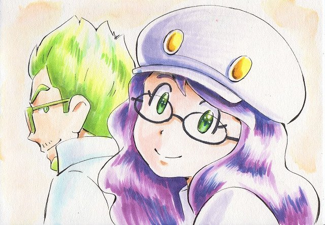 1boy 1girl aether_foundation_uniform aged_down beard blonde_hair coat faba_(pokemon) facial_hair glasses goatee green_eyes hat iwane_masaaki long_hair pokemon pokemon_(anime) pokemon_sm_(anime) purple_hair semi-rimless_eyewear sunglasses white_coat white_headwear wicke_(pokemon) yellow-framed_eyewear