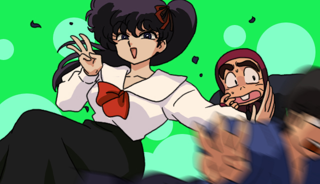 1girl 2boys black_hair black_skirt breasts brother_and_sister circle green_background hair_between_eyes kunou_kodachi kunou_tatewaki multiple_boys ninja open_mouth ranma_1/2 sarugakure_sasuke siblings simple_background skirt teeth upper_teeth_only v wanta_(futoshi)