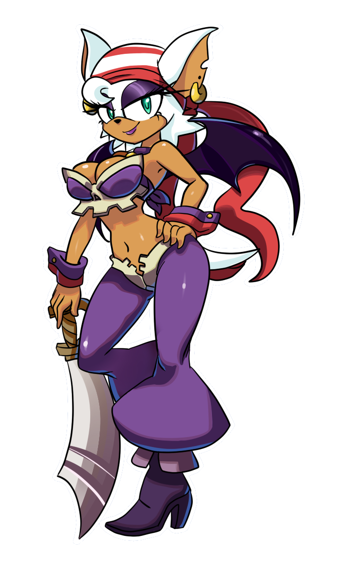 2017 anthro bandanna bat breasts cleavage clothed clothing cosplay crossover crossover_cosplay ear_piercing ear_ring eyeshadow female footwear fur kerchief lipstick looking_at_viewer makeup mammal melee_weapon mightymorg narrowed_eyes navel piercing ring_piercing risky_boots rouge_the_bat sega shantae_(series) solo sonic_the_hedgehog_(series) sword tan_body tan_skin wayforward weapon white_body white_fur wings