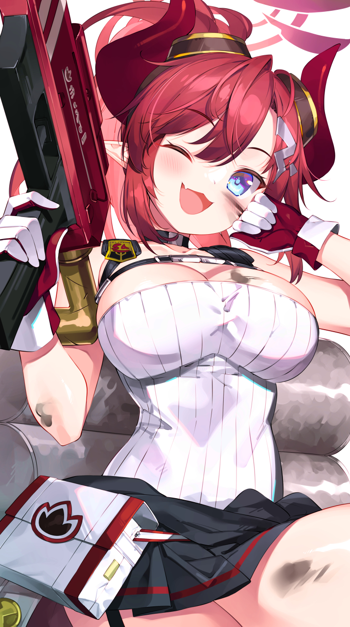 1girl ;d bare_shoulders black_jacket blue_archive blue_eyes blush breasts bucchake_(asami) choker cleavage clothes_around_waist collarbone commentary_request cowboy_shot demon_horns dirty fang flamethrower gas_tank gloves goggles goggles_on_head gun hair_between_eyes hair_ornament hairclip halo highres holding holding_gun holding_weapon horns jacket jacket_around_waist large_breasts long_hair looking_at_viewer megu_(blue_archive) miniskirt one_eye_closed open_mouth pleated_skirt pointy_ears ponytail pouch red_gloves red_hair red_horns ribbed_shirt shirt sidelocks simple_background sitting skin_fang skirt smile solo strapless strapless_shirt tank_top two-tone_gloves weapon white_background white_gloves white_shirt