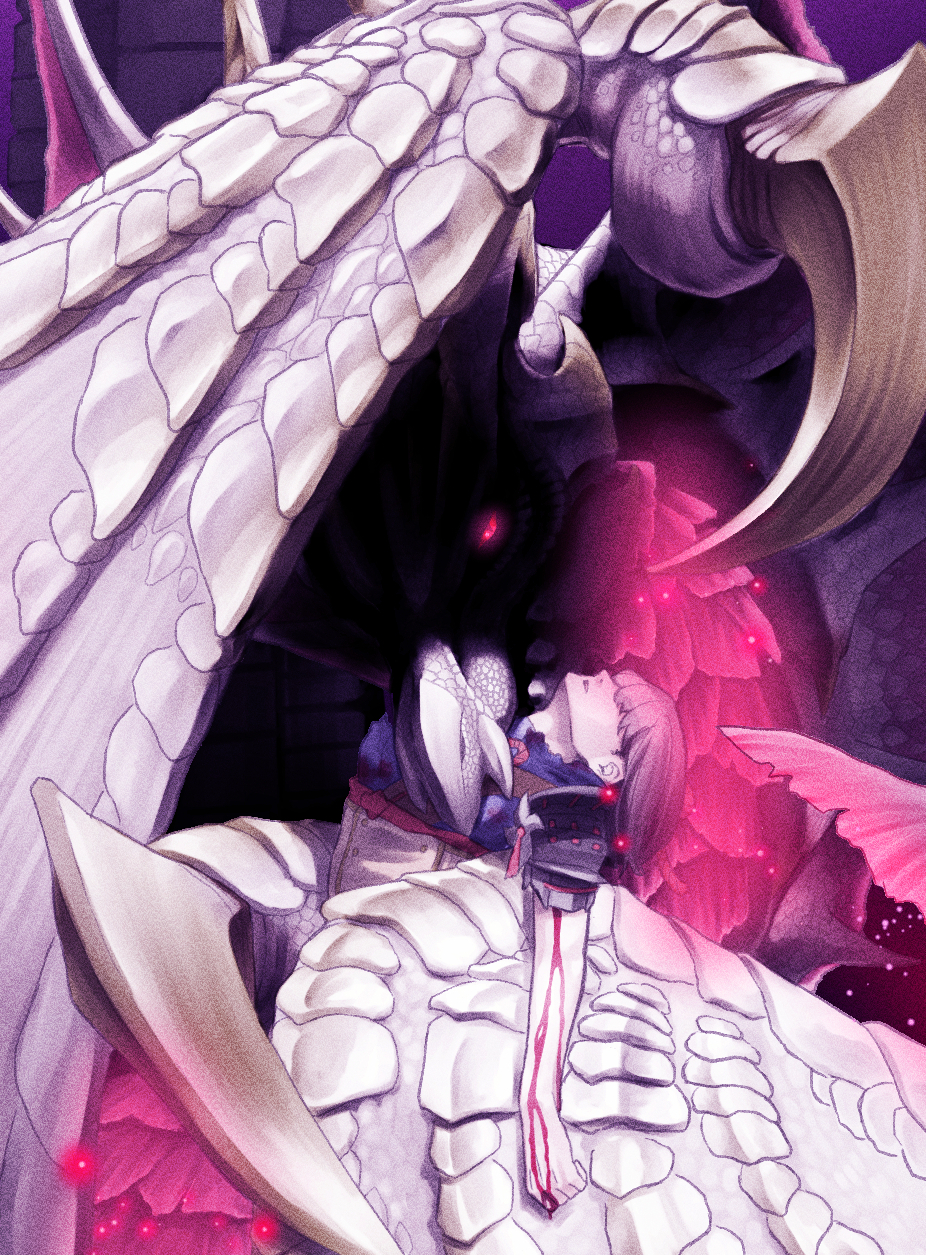 1girl blood blood_on_hands blood_sucking bright_pupils dragon gradient_background hair_over_eyes highres looking_at_viewer malzeno_(monster_hunter) monster_hunter_(series) nemaki_(nemaki87456) pink_eyes spikes structure western_dragon white_wings wings