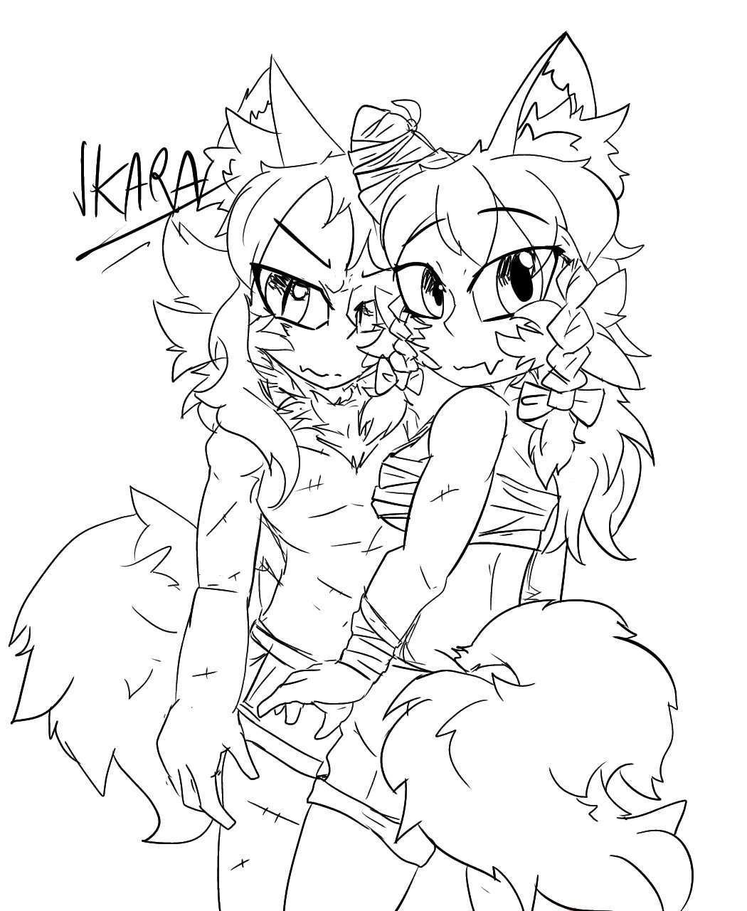 2023 ako_(ikarapopsicle) anthro black_and_white bottomwear braided_hair brother_(lore) brother_and_sister_(lore) canid canine chest_wraps clothed clothing duo female fluffy fluffy_tail fox hair hi_res ikarapopsicle inner_ear_fluff kemono male mammal miwa_(ikarapopsicle) monochrome shirt shorts sibling_(lore) signature sister_(lore) snaggle_tooth standing tail tank_top topwear tuft wraps