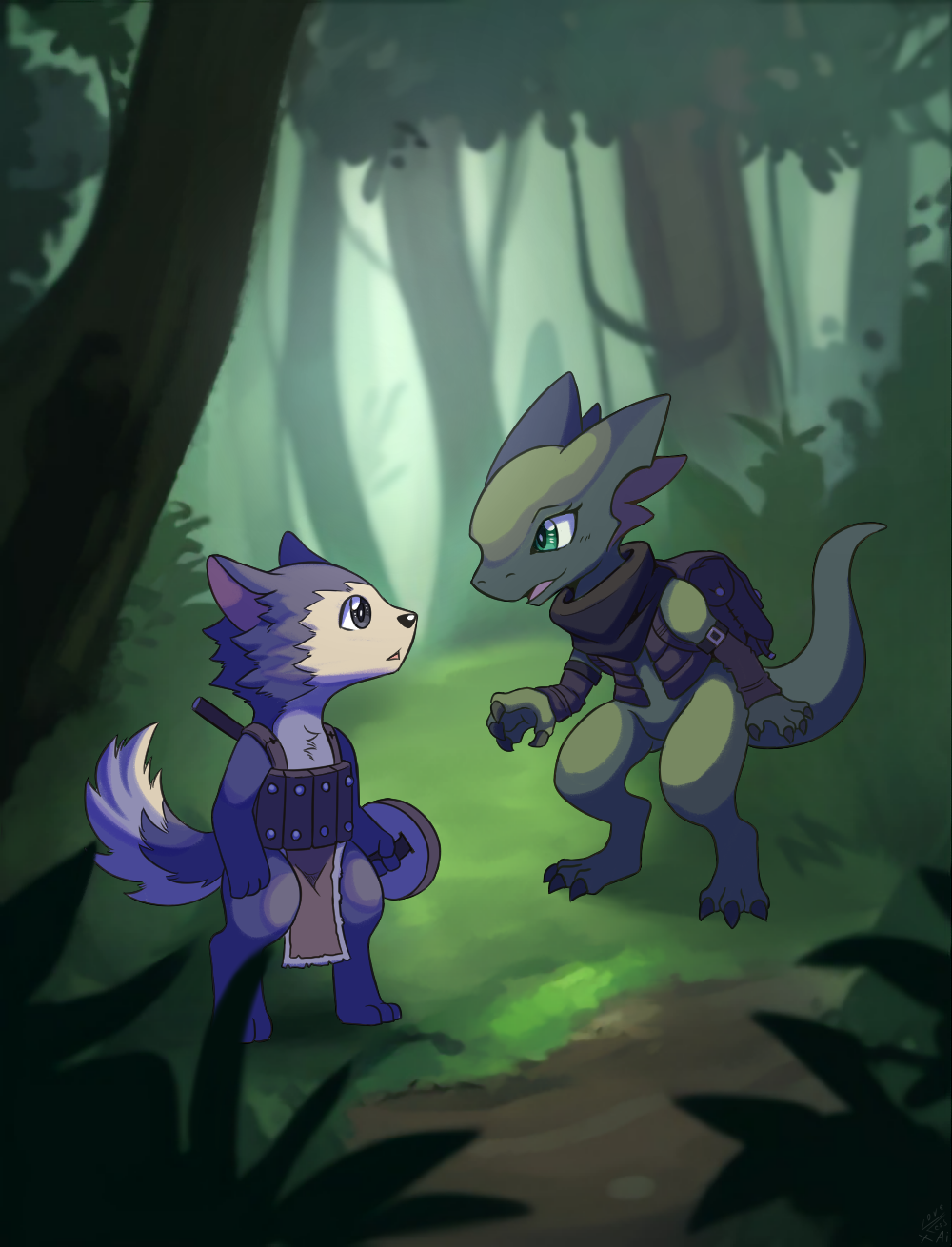 anthro armor backpack canid canine cloth duo female forest fur green_body green_eyes green_scales hi_res japanese_kobold kobold lizard male male/female mammal plant purple_body purple_fur reptile scales scalie scarf shield tree vavacung