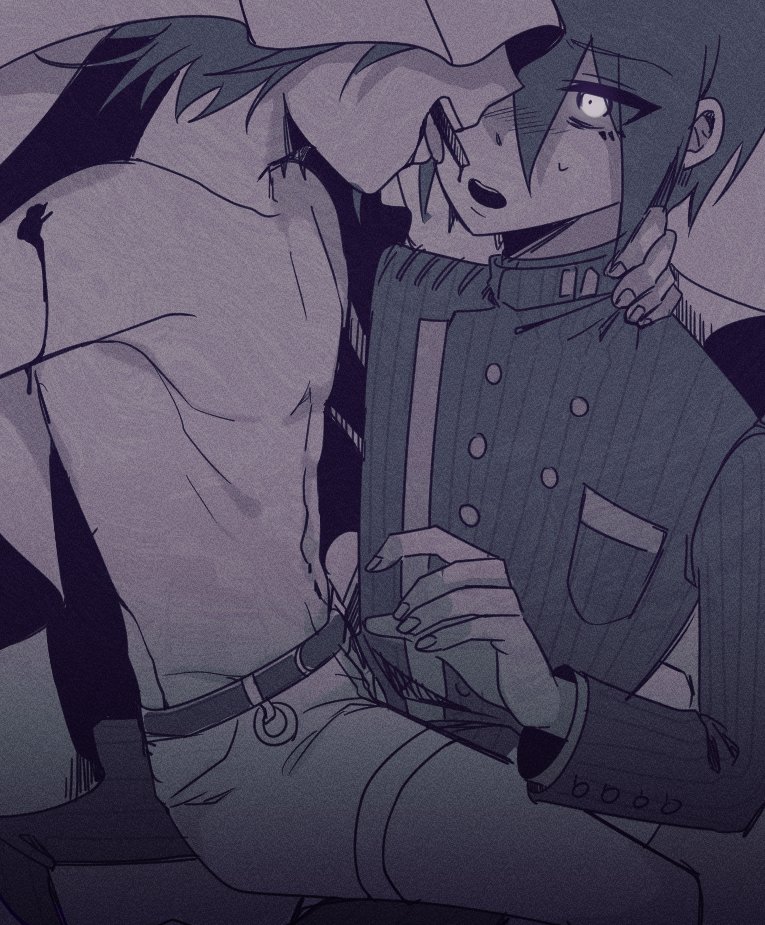 2boys :d belt blood breast_pocket buttons d: danganronpa_(series) danganronpa_v3:_killing_harmony double-breasted facing_another glowing glowing_eyes long_sleeves looking_at_another multiple_boys navel oma_kokichi on_lap pocket saihara_shuichi short_hair sitting smile songpyeon_(sssssong) teeth tongue tongue_out topless_male upper_teeth_only yaoi