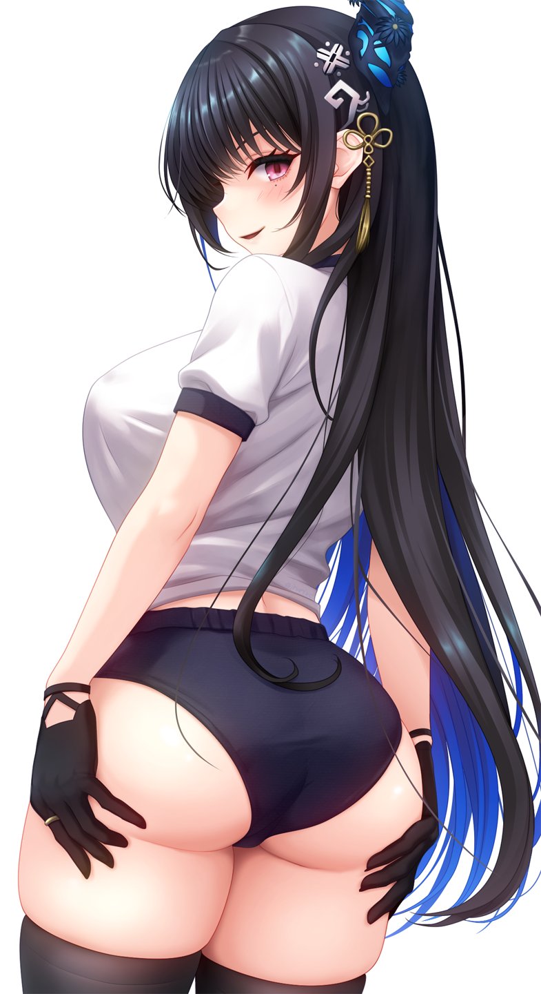 1girl ass black_buruma black_gloves black_hair black_thighhighs blue_hair breasts buruma colored_inner_hair from_behind gloves gym_uniform hair_ornament hands_on_own_ass highres hololive hololive_english horns irori_(irorixc) jewelry large_breasts long_hair looking_back mole mole_under_eye multicolored_hair nerissa_ravencroft parted_lips pink_eyes ring shirt solo thighhighs virtual_youtuber white_shirt