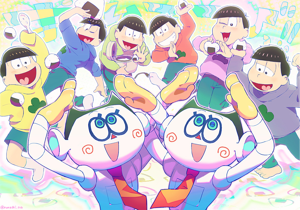 2others 6+boys arms_up blue_eyes food grin heart heart_hands holding holding_food humanoid_robot jitome matsu_symbol matsuno_choromatsu matsuno_ichimatsu matsuno_jyushimatsu matsuno_karamatsu matsuno_osomatsu matsuno_todomatsu multiple_boys multiple_others necktie one_eye_closed onigiri open_mouth orange_necktie osomatsu-san other_focus red_necktie rice_cooker robot sextuplets shake_(osomatsu-san) show_chiku-by sleeves_past_fingers sleeves_past_wrists smile spiral_blush_stickers ume_(osomatsu-san) wooden_spoon