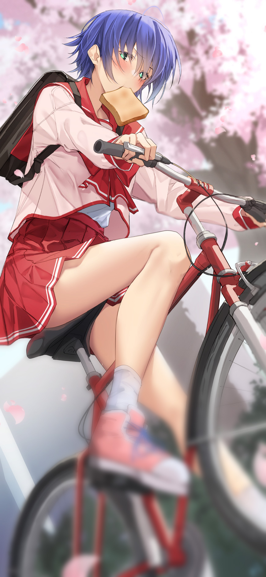 1girl ahoge bag bicycle black_bag blue_hair blurry blush bow cherry_blossoms commentary_request falling_petals food food_in_mouth green_eyes ground_vehicle hair_between_eyes hair_over_eyes highres looking_at_viewer mouth_hold neckerchief outdoors pallad petals pink_footwear pink_serafuku pink_shirt pleated_skirt red_bow red_neckerchief red_sailor_collar red_skirt riding riding_bicycle sailor_collar school_bag school_uniform serafuku shirt shoes short_hair skirt sneakers socks solo thighs to_heart_2 toast toast_in_mouth tonami_yuma white_socks