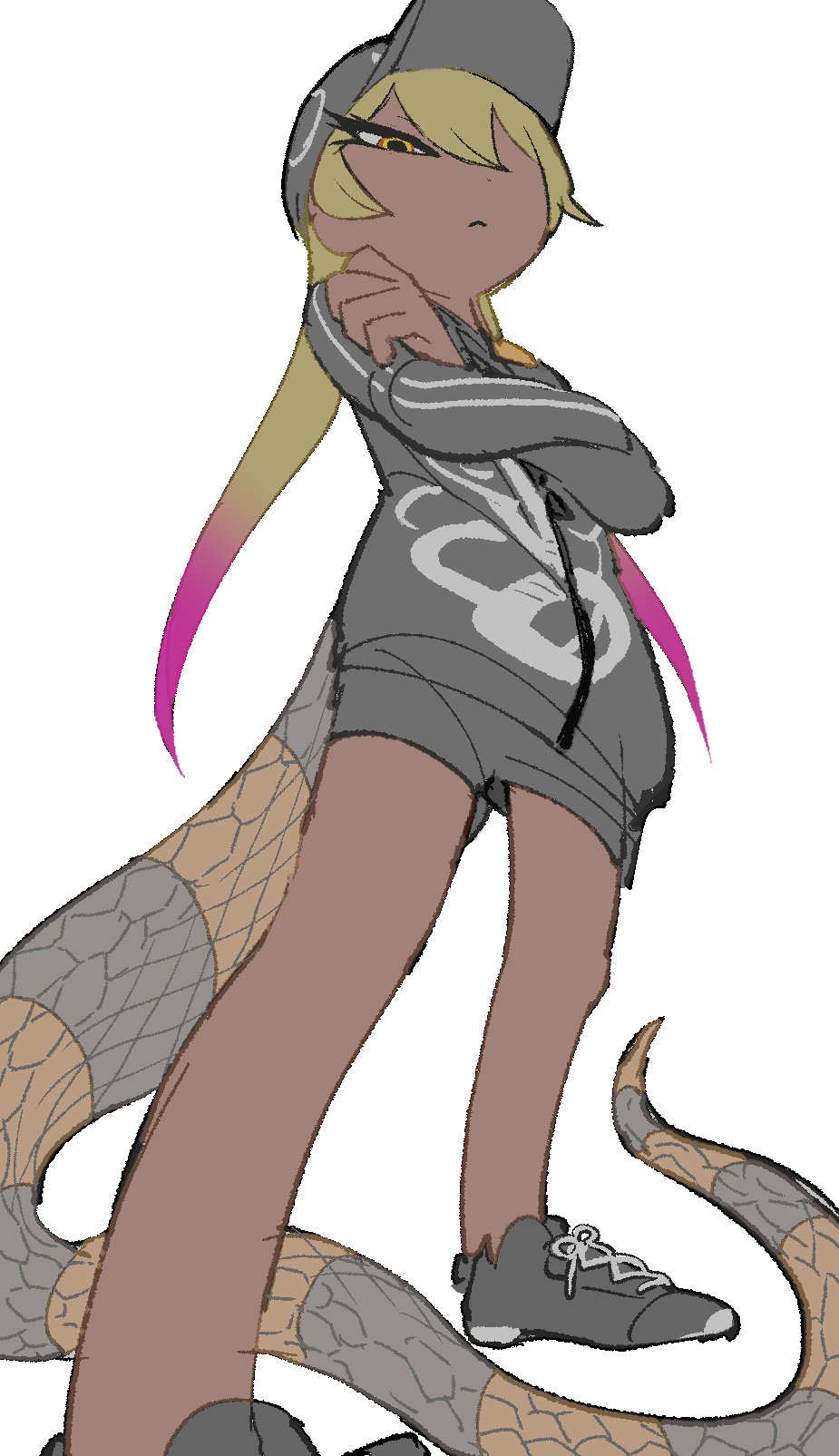 1girl bare_legs baseball_bat black_footwear black_shorts blonde_hair cardigan closed_mouth crossed_arms dark-skinned_female dark_skin eyelashes flat_color from_below half-closed_eye highres igarashi_(nogiheta) kemono_friends kemono_friends_3 king_cobra_(kemono_friends) long_hair long_sleeves long_tail looking_at_viewer multicolored_eyes multicolored_hair official_alternate_costume pink_hair red_eyes shoes short_shorts shorts simple_background snake_tail solo standing standing_on_one_leg tail twintails two-tone_hair white_background yellow_eyes zipper