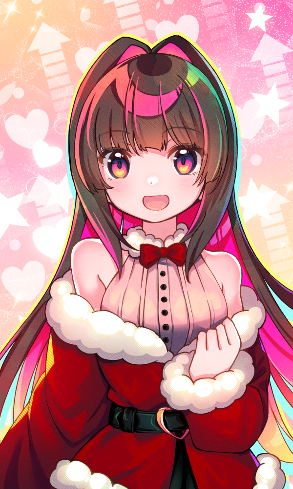 1girl :d anmita_(rarutos) bare_shoulders belt black_belt bow bowtie breasts brown_hair buckle colored_inner_hair commentary_request fur-trimmed_jacket fur-trimmed_sleeves fur_trim hair_intakes hand_up heart heart-shaped_buckle jacket long_hair long_sleeves looking_at_viewer medium_breasts multicolored_eyes multicolored_hair off-shoulder_jacket off_shoulder open_mouth original pink_hair pink_shirt red_bow red_bowtie shirt smile solo strapless strapless_shirt upper_body