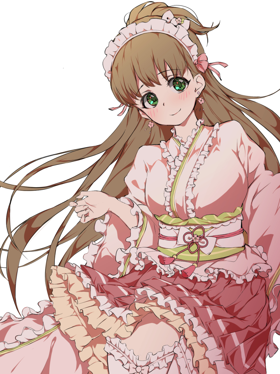 1girl blush bow breasts brown_hair closed_mouth dot_nose dress earrings flower_earrings frilled_dress frilled_thighhighs frills green_eyes hair_bow hand_up headdress highres idolmaster idolmaster_cinderella_girls idolmaster_cinderella_girls_starlight_stage jewelry karan large_breasts layered_dress long_hair long_sleeves looking_at_viewer makihara_shiho obi obiage obijime pink_dress pink_ribbon pink_thighhighs ponytail ribbon sash simple_background smile solo thighhighs white_background wide_sleeves