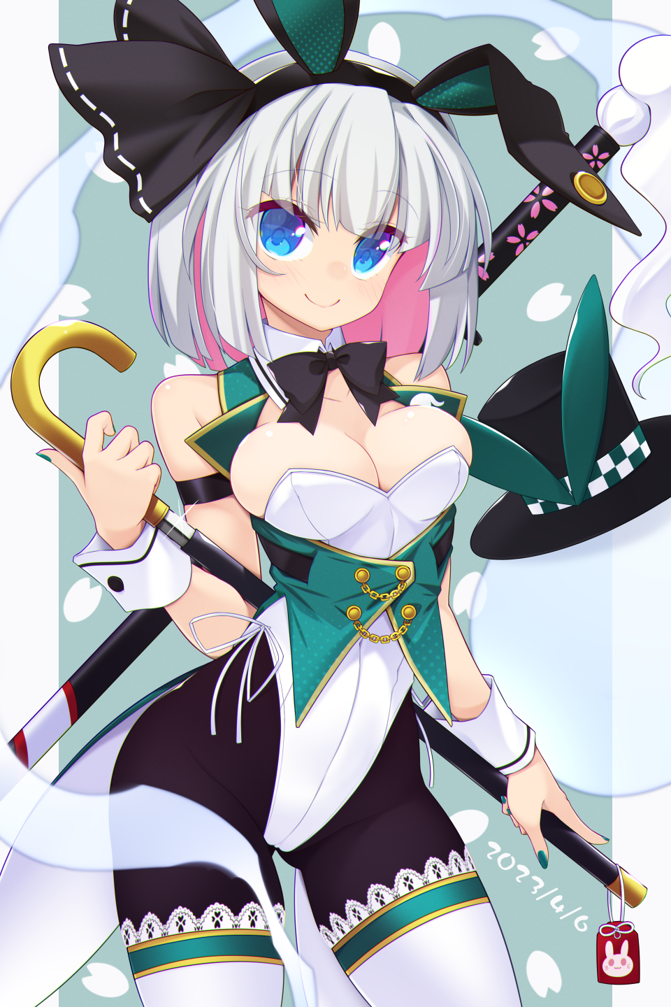 1girl animal_ears black_hairband black_headwear black_pantyhose blue_eyes breasts cane cleavage closed_mouth colored_inner_hair commentary_request cowboy_shot dated ghost green_background green_vest grey_hair hairband hat highres holding holding_cane konpaku_youmu konpaku_youmu_(ghost) large_breasts leotard muchin_jousha multicolored_hair pantyhose pink_hair playboy_bunny rabbit_ears sheath short_hair simple_background solo sword sword_behind_back thighhighs top_hat touhou vest weapon white_leotard white_thighhighs wrist_cuffs youmu_day