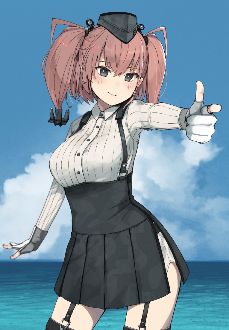 1girl anchor_hair_ornament annin_musou atlanta_(kancolle) black_headwear black_skirt breasts brown_hair cloud cloudy_sky day dress_shirt earrings garrison_cap gloves grey_eyes hair_ornament hat high-waist_skirt jewelry kantai_collection large_breasts long_hair long_sleeves ocean partially_fingerless_gloves shirt single_earring skirt sky solo star_(symbol) star_earrings suspenders two_side_up white_shirt