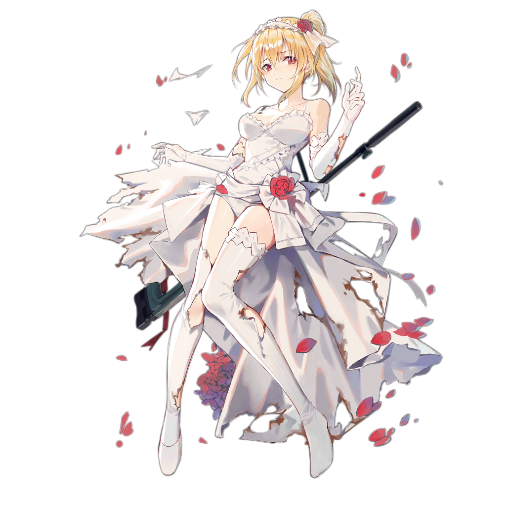1girl bare_shoulders blonde_hair bouquet breasts choker cleavage closed_mouth collarbone dress elbow_gloves flower full_body girls'_frontline gloves hair_flower hair_ornament hairband huanxiang_heitu light_frown long_hair looking_at_viewer medium_breasts official_alternate_costume official_art panties petals ponytail red_eyes red_flower red_rose rose shoes single_shoe solo sv-98 sv-98_(girls'_frontline) sv-98_(pierce_your_heart!)_(girls'_frontline) thighhighs torn_clothes torn_dress torn_gloves torn_thighhighs transparent_background underwear weapon weapon_on_back wedding_dress white_choker white_footwear white_gloves white_panties white_thighhighs