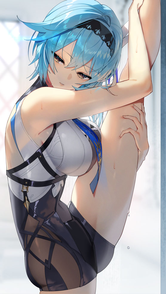 1girl black_hairband blue_hair blue_necktie blurry blurry_background breasts commentary_request eula_(genshin_impact) flexible genshin_impact hair_between_eyes hairband large_breasts leotard looking_to_the_side necktie parted_lips scottie_(phantom2) sidelocks solo split standing standing_on_one_leg standing_split stretching sweat sweatdrop thighs window yellow_eyes