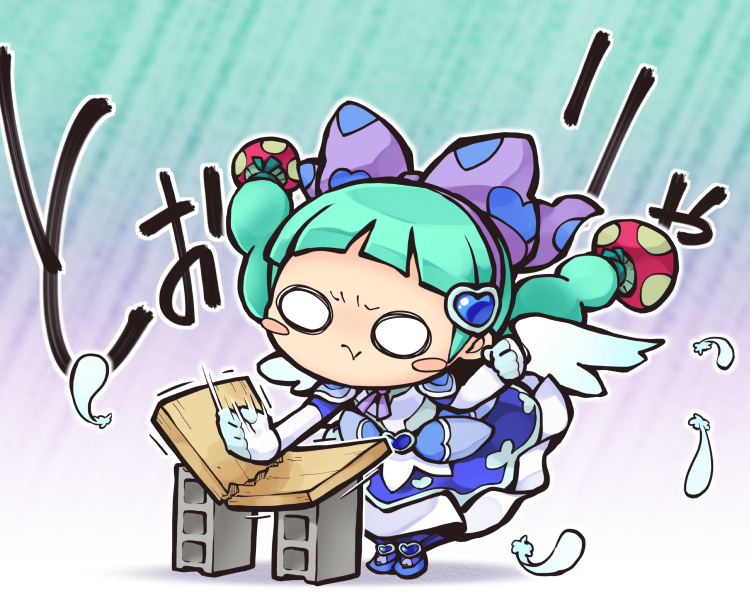 aqua_hair blue_dress blue_footwear blush_stickers bow braid chibi chop dress falling_feathers feathers food-themed_hair_ornament gloves greta_(puyopuyo_quest) hair_ornament heart heart_print karate motion_lines mushroom_hair_ornament nekoguruma no_pupils purple_bow puyopuyo puyopuyo_quest training twin_braids white_gloves white_wings wings you're_doing_it_wrong