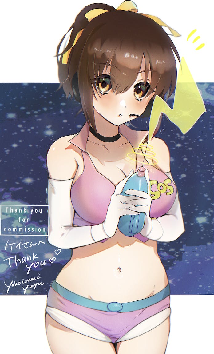 1girl breasts brown_eyes brown_hair cleavage collarbone collared_shirt commentary_request commission crop_top cropped_shirt hair_between_eyes hair_ribbon long_hair looking_at_viewer medium_breasts medium_hair navel pink_shirt pink_shorts ponytail ribbon shirt short_shorts shorts skeb_commission solo suzumiya_haruhi suzumiya_haruhi_no_yuuutsu thank_you u_ik95 yellow_ribbon