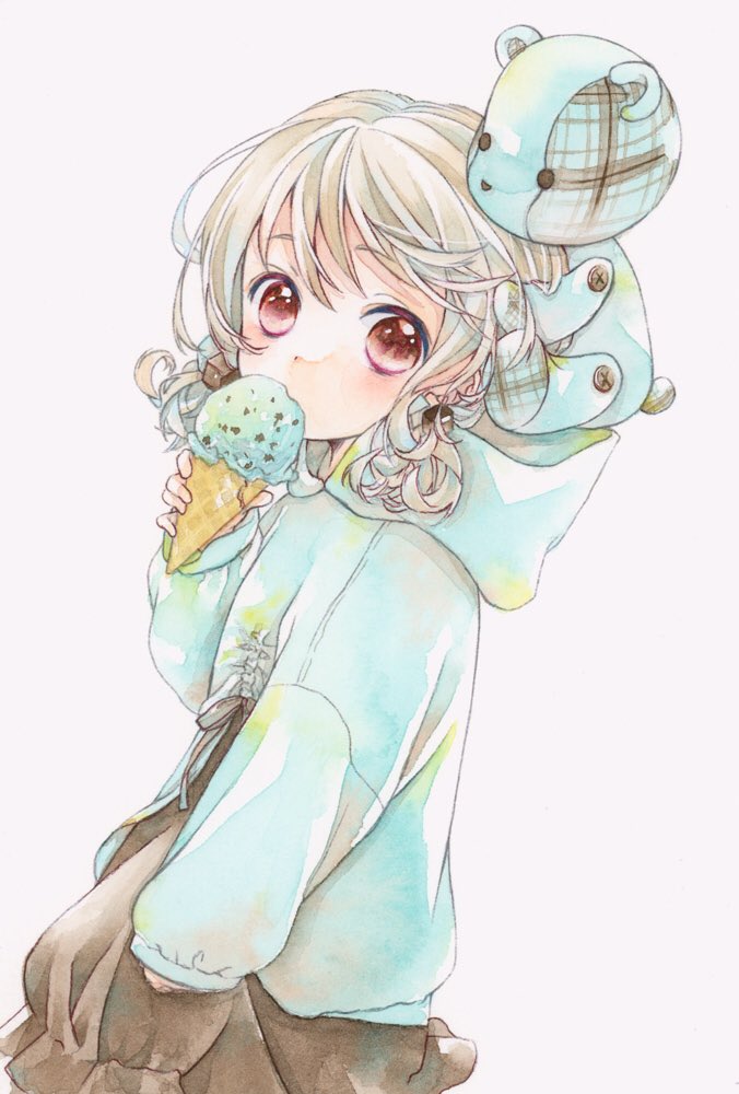 1girl aqua_hoodie blonde_hair child cube_hair_ornament eating expressionless food frilled_skirt frills hair_ornament hood hoodie ice_cream ice_cream_cone medium_hair mint_chocolate original plaid red_eyes short_twintails skirt solo stuffed_animal stuffed_toy suzumori_ayato teddy_bear twintails white_background