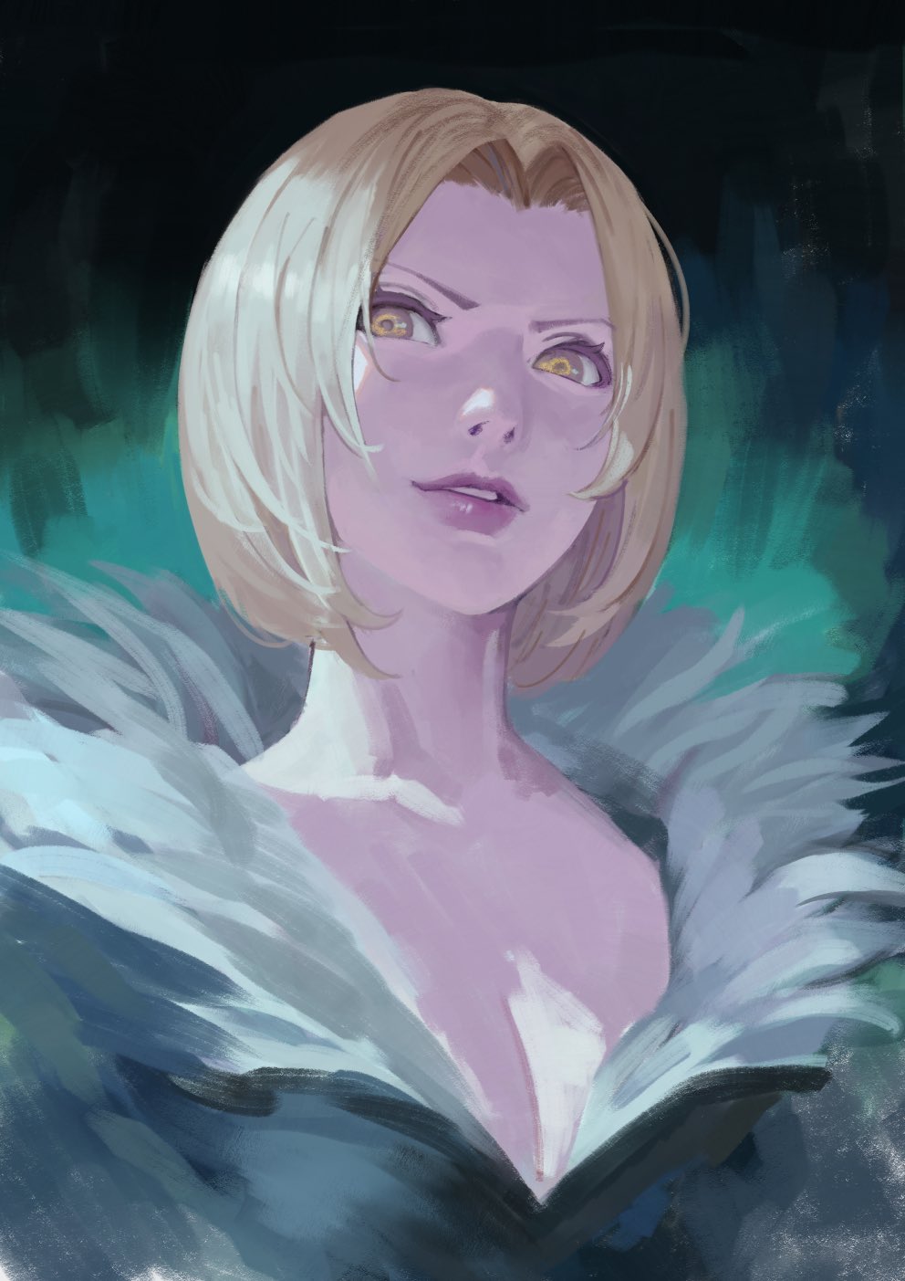 1girl benedikta_harman blonde_hair breasts cleavage final_fantasy final_fantasy_xvi fur_collar fur_trim highres looking_at_viewer low_neckline phamoz portrait short_hair simple_background solo yellow_eyes