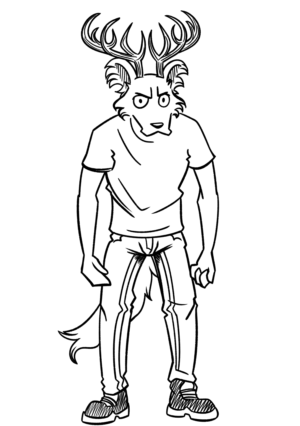 anthro antlers beastars canid canine canis clothing deer fan_character footwear funny_face fur hi_res horn humor hybrid ibuki_ii_(greatlizardwizard) male mammal monochrome shoes solo student sunny_frostwolf wolf
