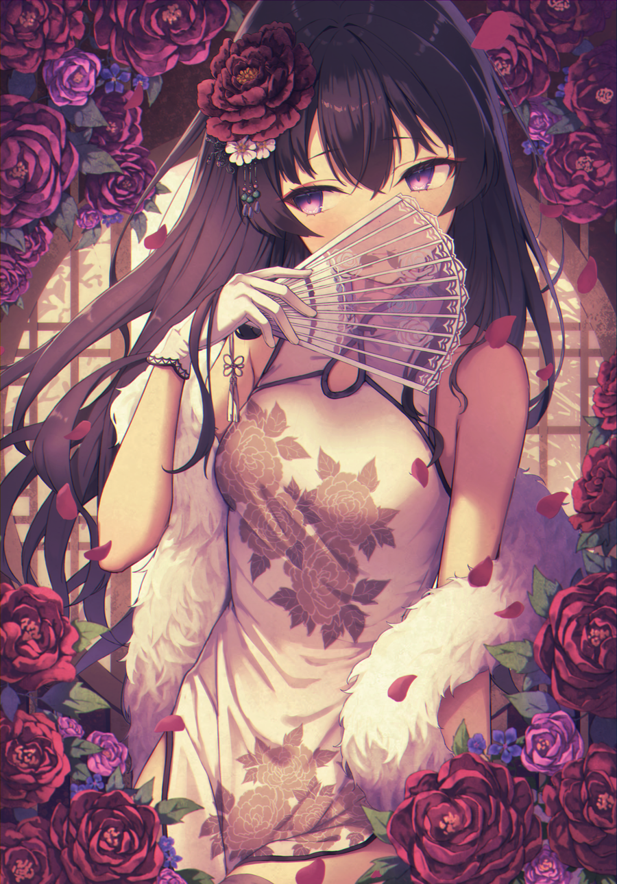 1girl black_hair blue_flower breasts china_dress chinese_clothes commentary_request dress feather_boa floral_print flower folding_fan gloves hair_between_eyes hair_flower hair_ornament hand_fan hand_up highres holding holding_fan long_hair original pelvic_curtain petals pink_flower pink_rose print_dress purple_eyes red_flower red_rose rose round_window ryuinu sleeveless sleeveless_dress small_breasts solo transparent very_long_hair white_dress white_flower white_gloves window