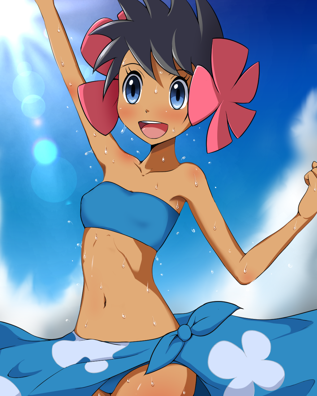 1girl bandeau bare_shoulders black_hair blue_bandeau blue_eyes blue_sarong blue_sky blush breasts clothes_lift cloud dark-skinned_female dark_skin day flower flying_sweatdrops hair_flower hair_ornament highres kaimu_(qewcon) lens_flare light_rays looking_ahead navel open_mouth outstretched_arm phoebe_(pokemon) pokemon print_sarong sarong sarong_lift short_hair sky small_breasts smile stomach strapless sun sunbeam sunlight sweat team_aqua tube_top very_sweaty