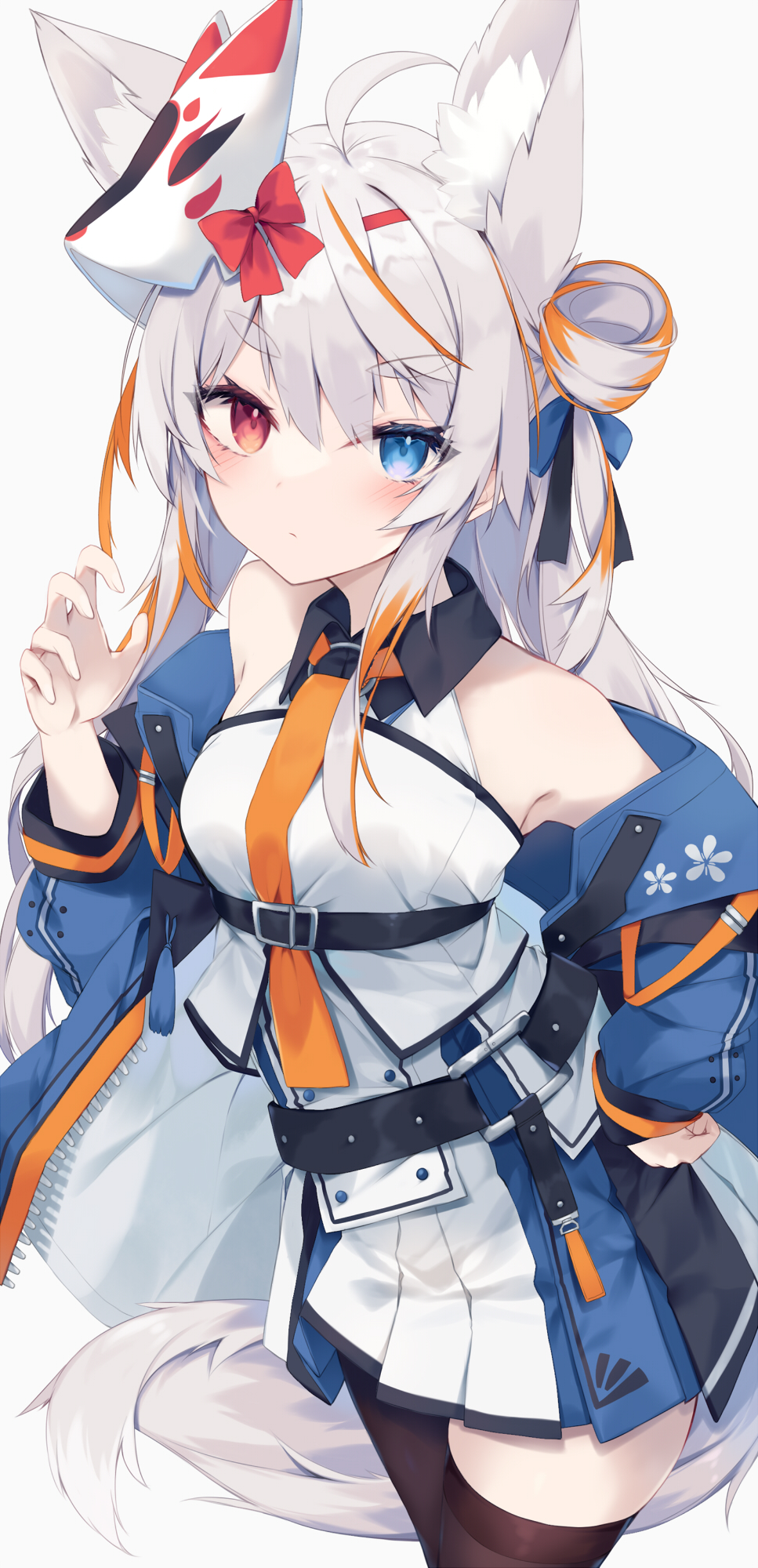 1girl ahoge animal_ear_fluff animal_ears bare_shoulders blue_eyes blue_jacket breasts closed_mouth collared_shirt commentary_request fox_ears fox_girl fox_mask fox_tail grey_background grey_hair hand_on_own_hip hand_up heterochromia highres jacket long_hair long_sleeves looking_at_viewer mask mask_on_head nibiiro_shizuka off_shoulder open_clothes open_jacket original pleated_skirt puffy_long_sleeves puffy_sleeves red_eyes shirt simple_background skirt sleeveless sleeveless_shirt small_breasts solo tail thick_eyebrows very_long_hair white_shirt white_skirt
