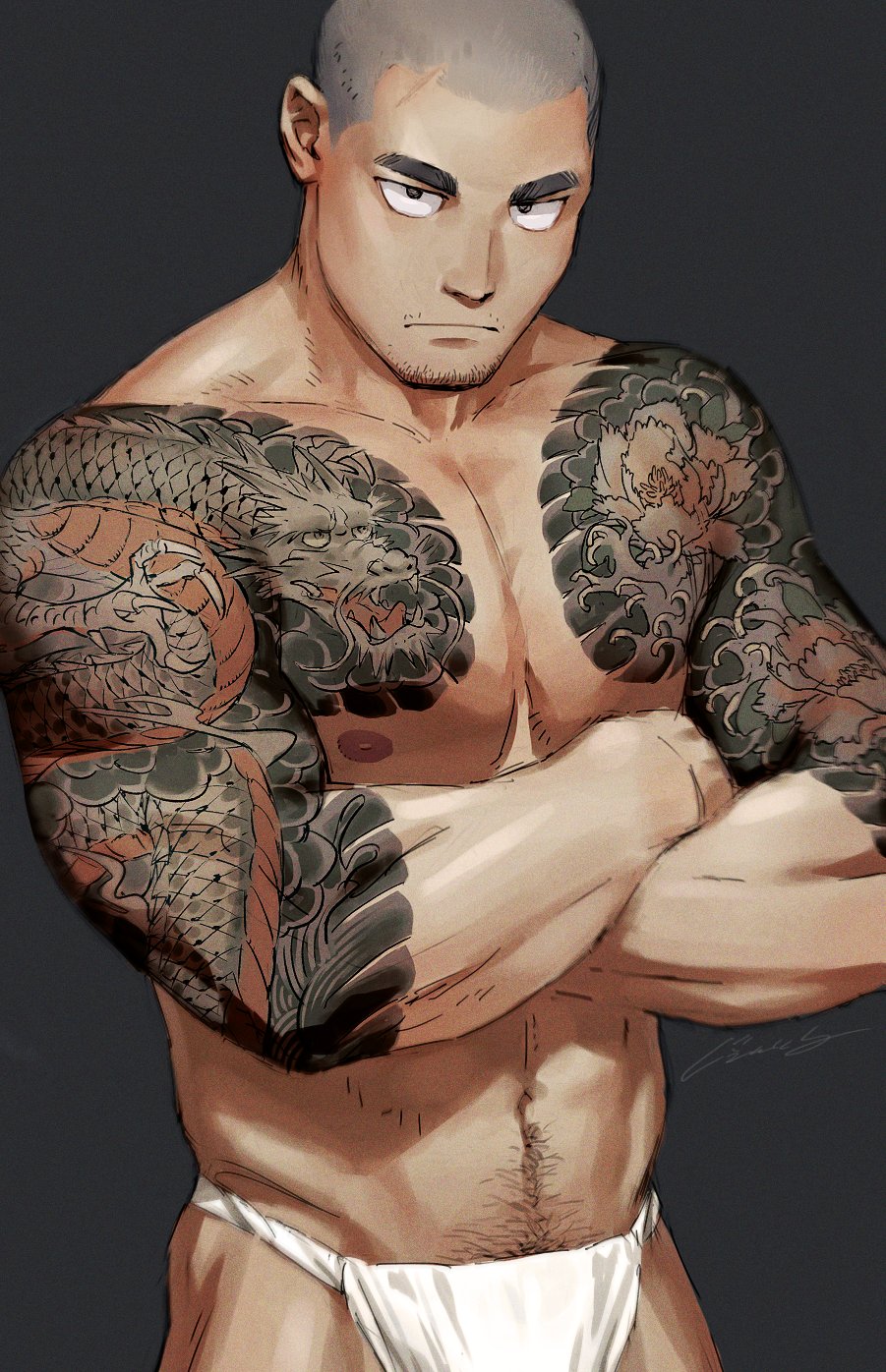 arm_tattoo bara bare_pectorals black_background chest_tattoo closed_mouth cowboy_shot crossed_arms facial_hair fundoshi gentle2nd highres japanese_clothes looking_at_another male_underwear muscular muscular_male navel_hair nipples original pectorals sanpaku scar scar_on_face serious shaved_head signature tattoo thick_eyebrows underwear underwear_only v-shaped_eyebrows yakuza