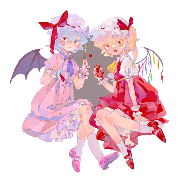 2girls ascot black_wings blonde_hair blue_hair blush bow brooch closed_mouth commentary cup demon_wings dress fang flandre_scarlet full_body hair_between_eyes hat hat_bow heart holding holding_spoon jewelry kanon_(rsl) long_bangs looking_at_viewer medium_hair mob_cap multiple_girls one_side_up open_mouth pinafore_dress pink_dress pink_footwear pink_headwear puffy_short_sleeves puffy_sleeves purple_ascot red_bow red_dress red_footwear remilia_scarlet shirt shoes short_hair short_sleeves siblings simple_background sisters sleeveless sleeveless_dress slit_pupils smile socks spilling spoon tea teacup touhou white_background white_headwear white_shirt white_socks wings wrist_cuffs yellow_eyes