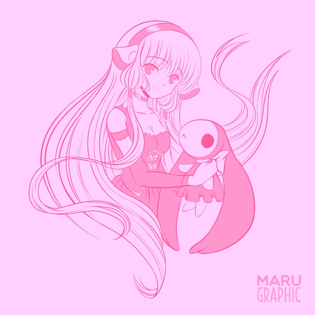 1girl artist_name atashi_(chobits) breasts chii chobits choker cleavage collarbone detached_sleeves dress hair_tubes hairband highres holding holding_stuffed_toy lolita_fashion long_hair looking_at_viewer maru_graphic monochrome pink_background pink_theme robot_ears sidelocks simple_background stuffed_toy sweet_lolita very_long_hair