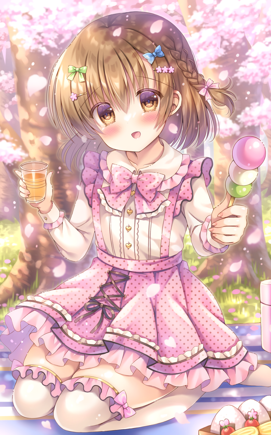 1girl :d blanket blue_bow blush bow braid brown_eyes brown_hair cherry_tomato collared_shirt commentary_request cup dango day disposable_cup dress_shirt flower food frilled_skirt frilled_thighhighs frills green_bow hair_between_eyes hair_bow hair_flower hair_ornament hairclip hanami highres holding holding_cup holding_food kouta. onigiri original outdoors petals pink_bow pink_flower pink_skirt pleated_skirt sanshoku_dango shirt sitting skirt smile solo spring_(season) suspender_skirt suspenders thighhighs tomato tree wagashi wariza white_shirt white_thighhighs